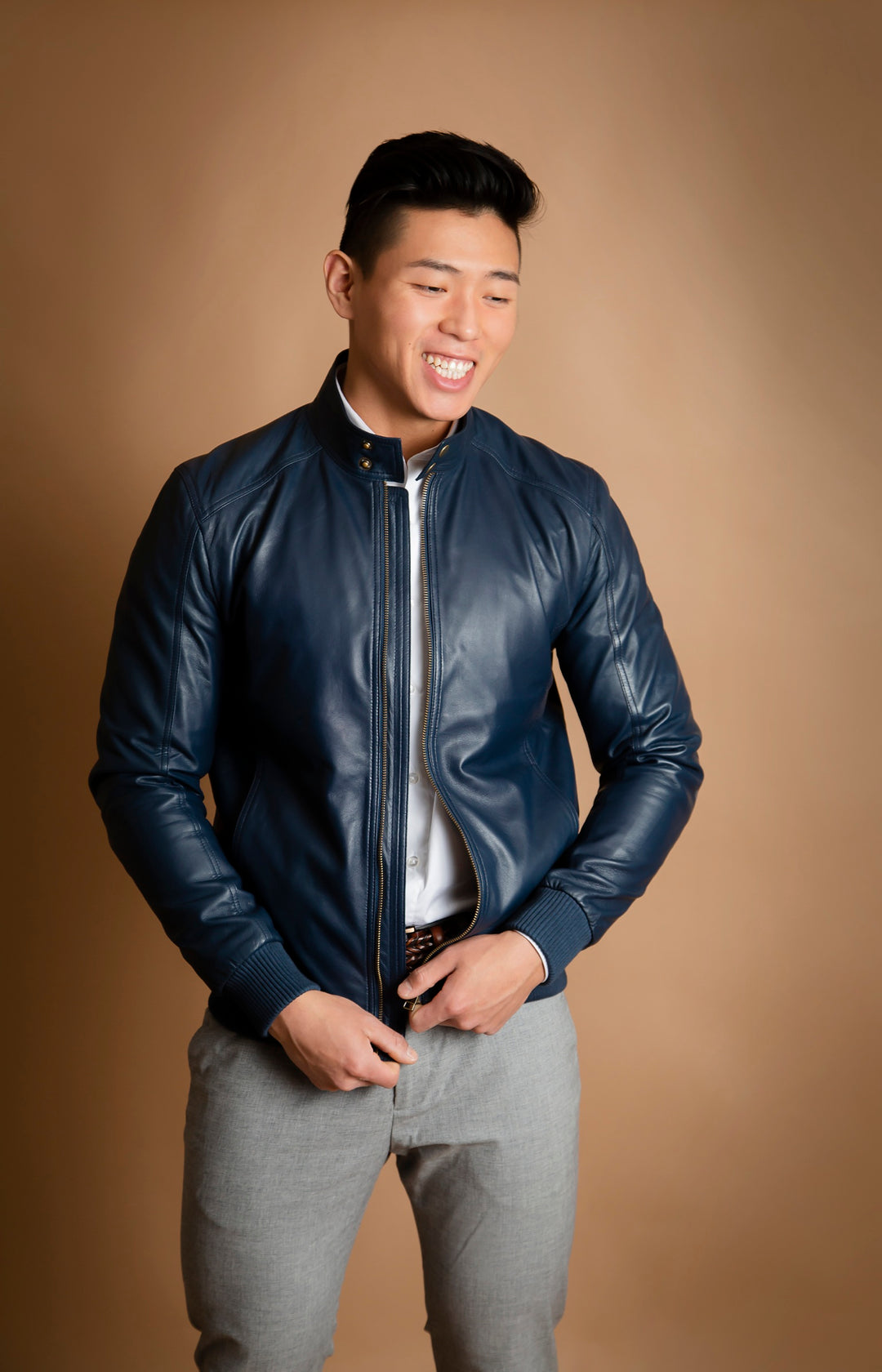 Navy dark blue real leather bomber jacket men