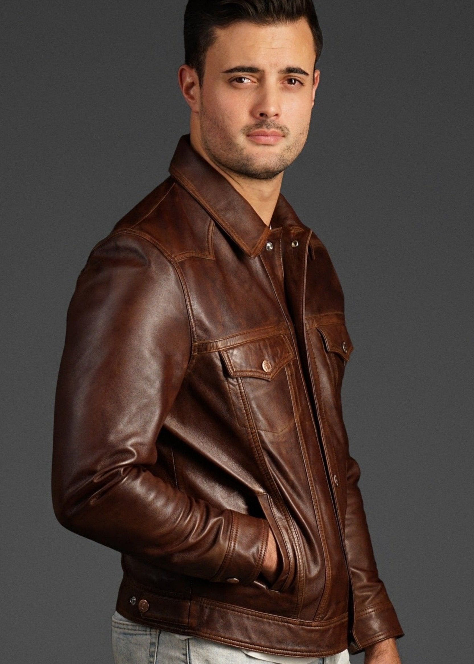 Mens Brown Washed Off Trucker Leather Jacket by Finest Leathers