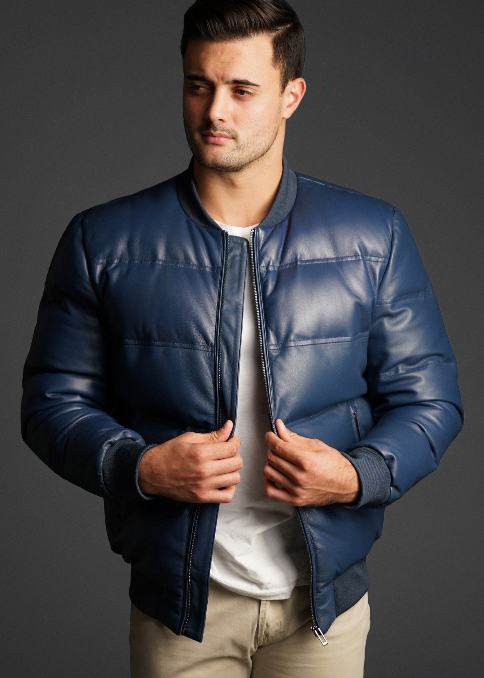 Mens Navy Blue Leather Bomber Jacket Packed with down filled insulation Finest Leathers