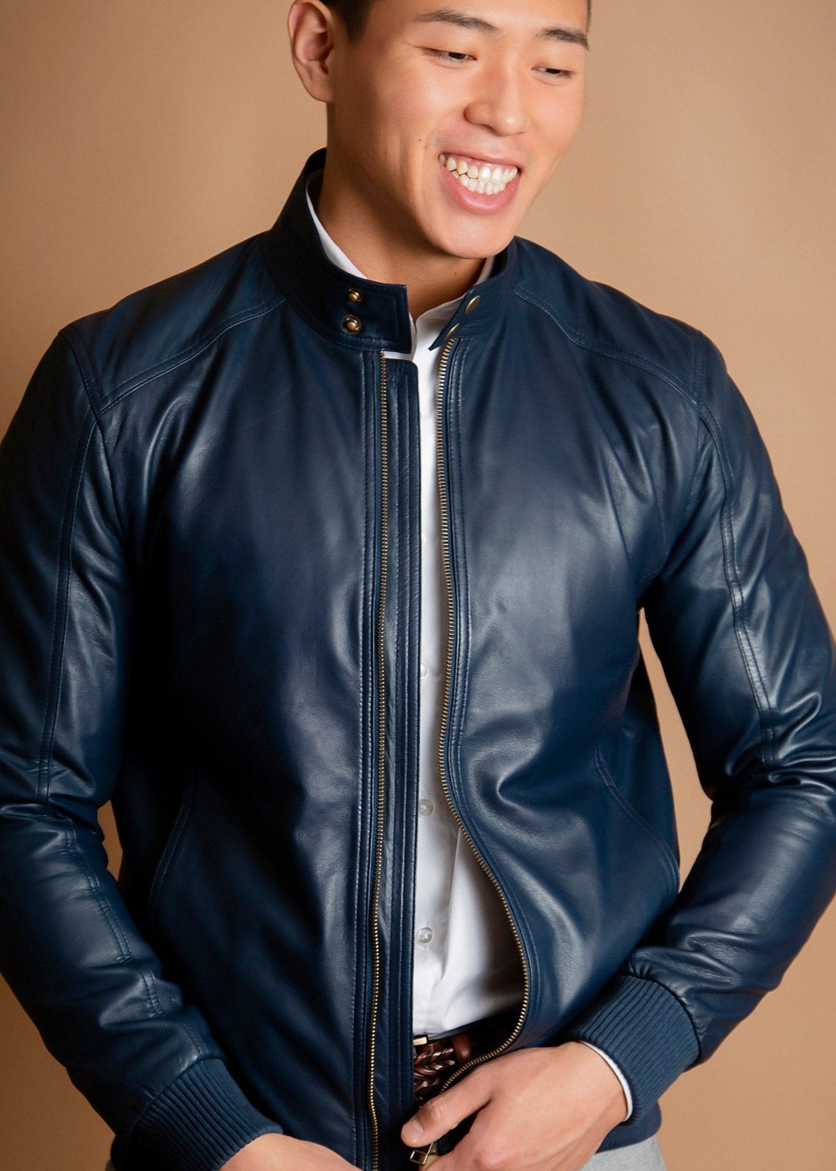 Blue leather bomber jacket outlet